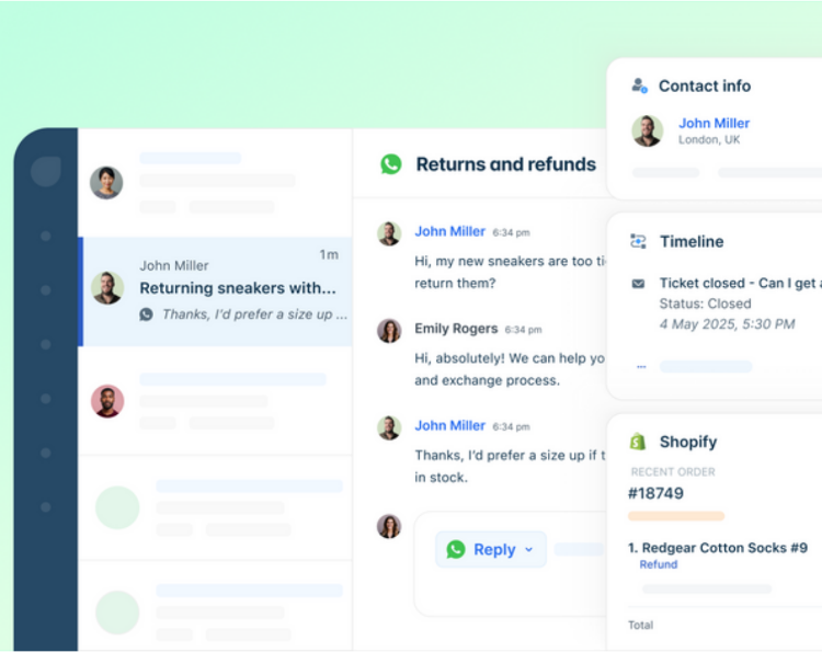 A helpdesk like Freshdesk links a customers whatsapp enquiry to their customer record and order history